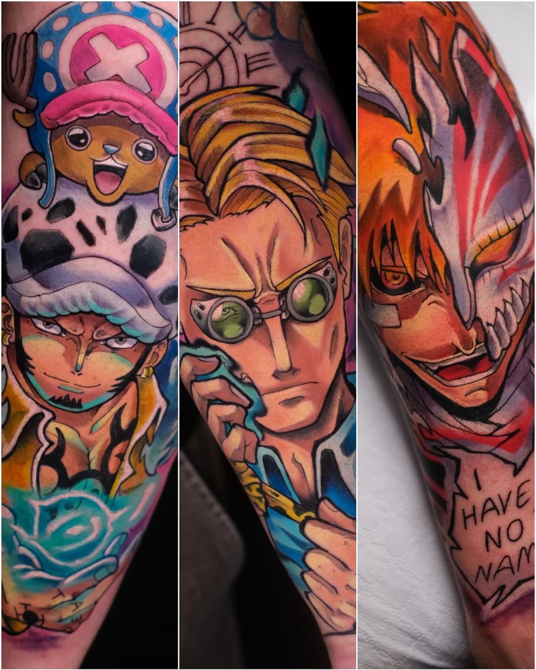 Three colorful anime character tattoos on an arm featuring pink-hatted figures, a person with goggles, and a red-haired character with text below.