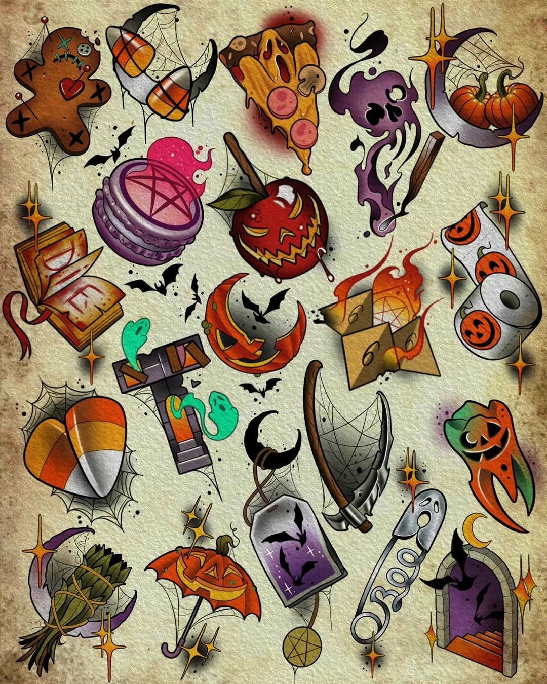 Collection of Halloween-themed tattoo designs featuring pumpkins, ghosts, candy, spiders, moons, and witch elements in orange, purple, and black on aged paper background.
