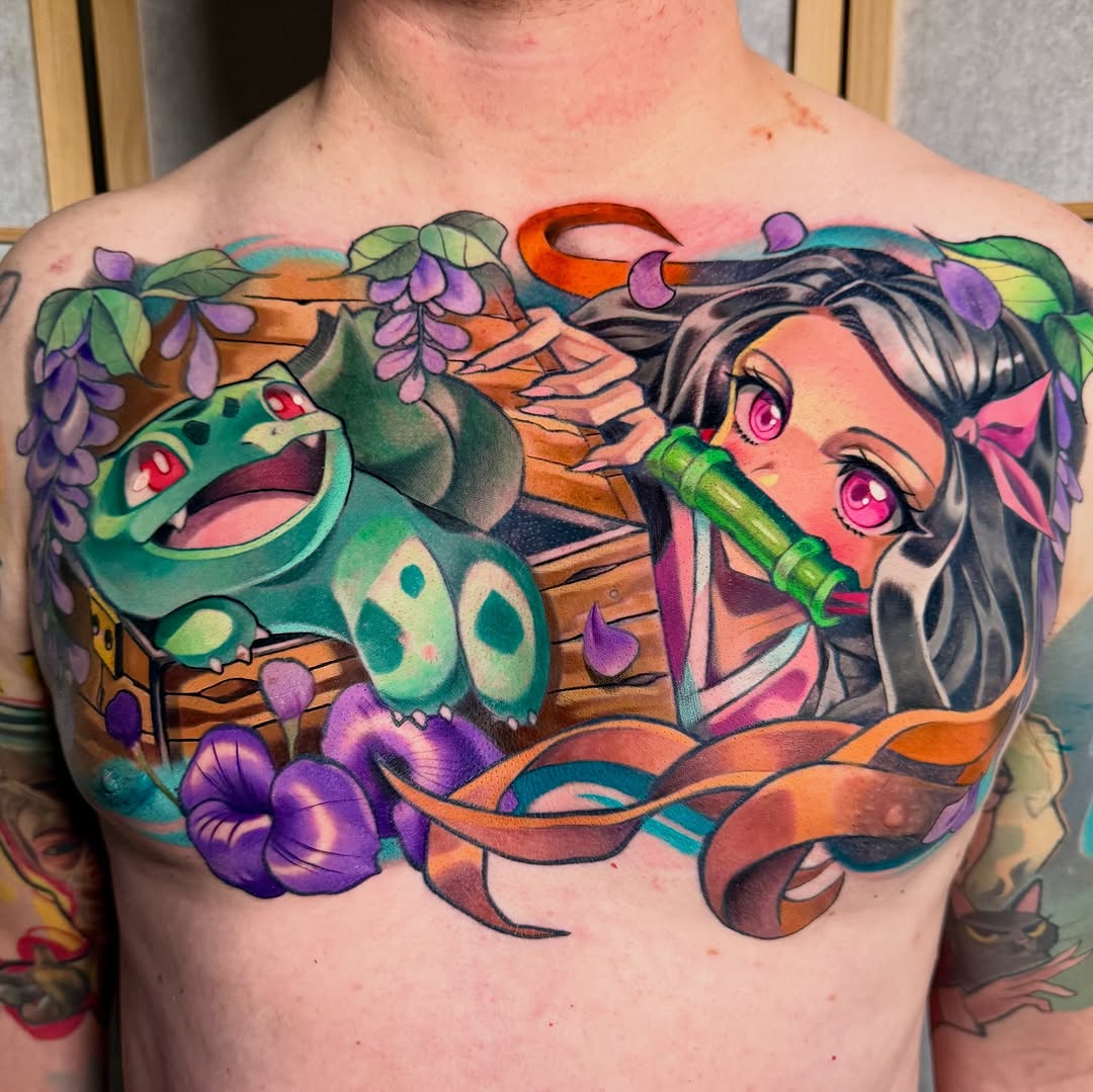 Colorful chest tattoo featuring a woman with pink eyes holding bamboo, a green creature with red eyes, wisteria flowers, and orange ribbons.