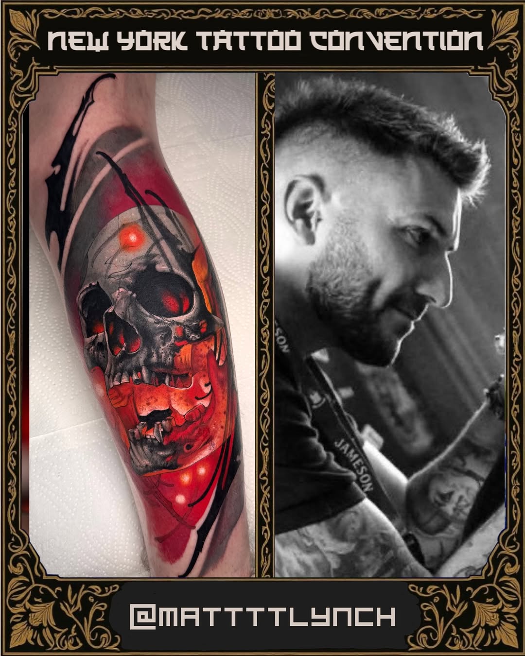 Skull tattoo on forearm with red and orange glowing eyes, black line work, and red shading, shown on bearded man's arm.