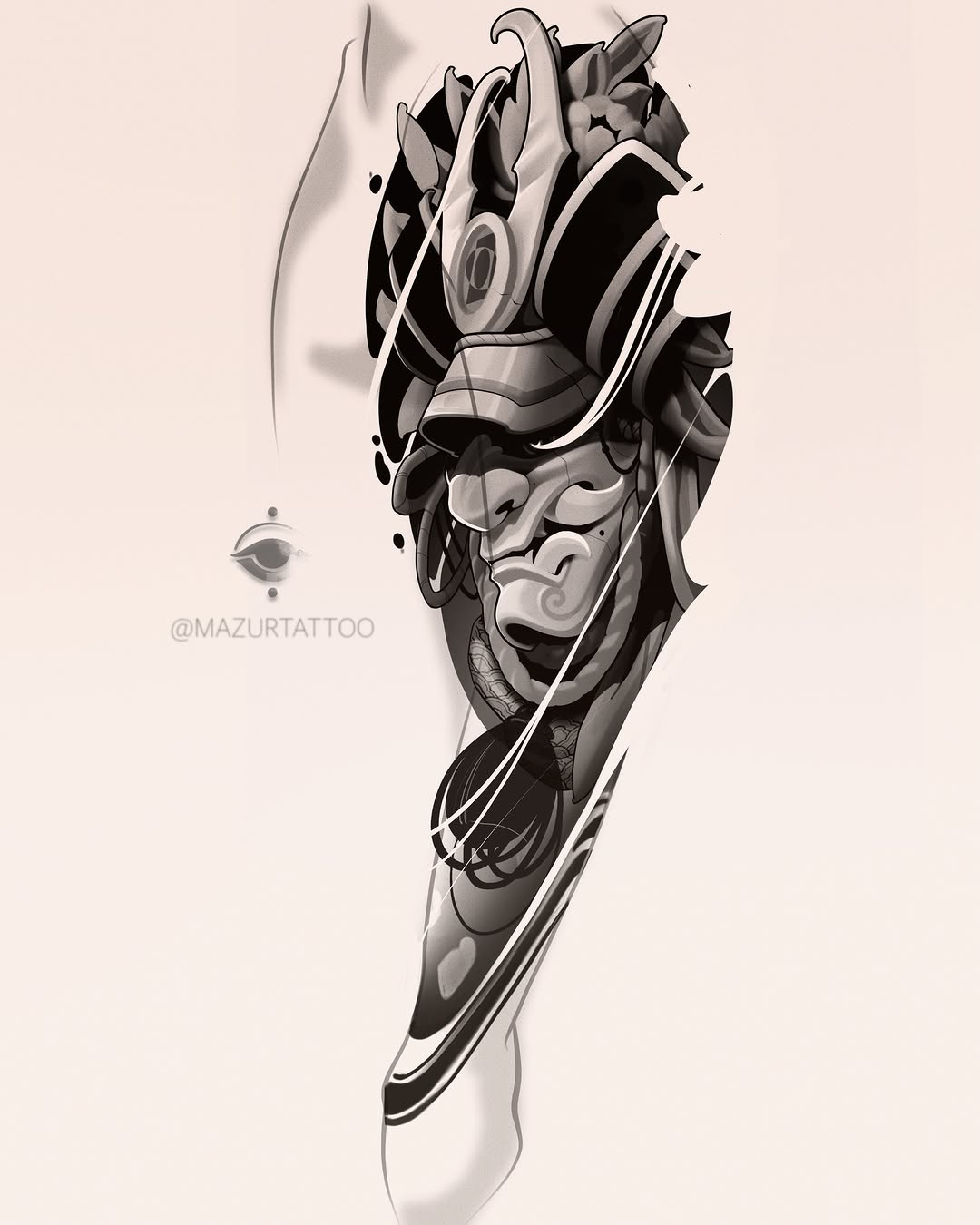 Vertical tattoo design featuring a stylized demon mask at top flowing into ornamental swirls and a blade shape below, rendered in black and grey tones.