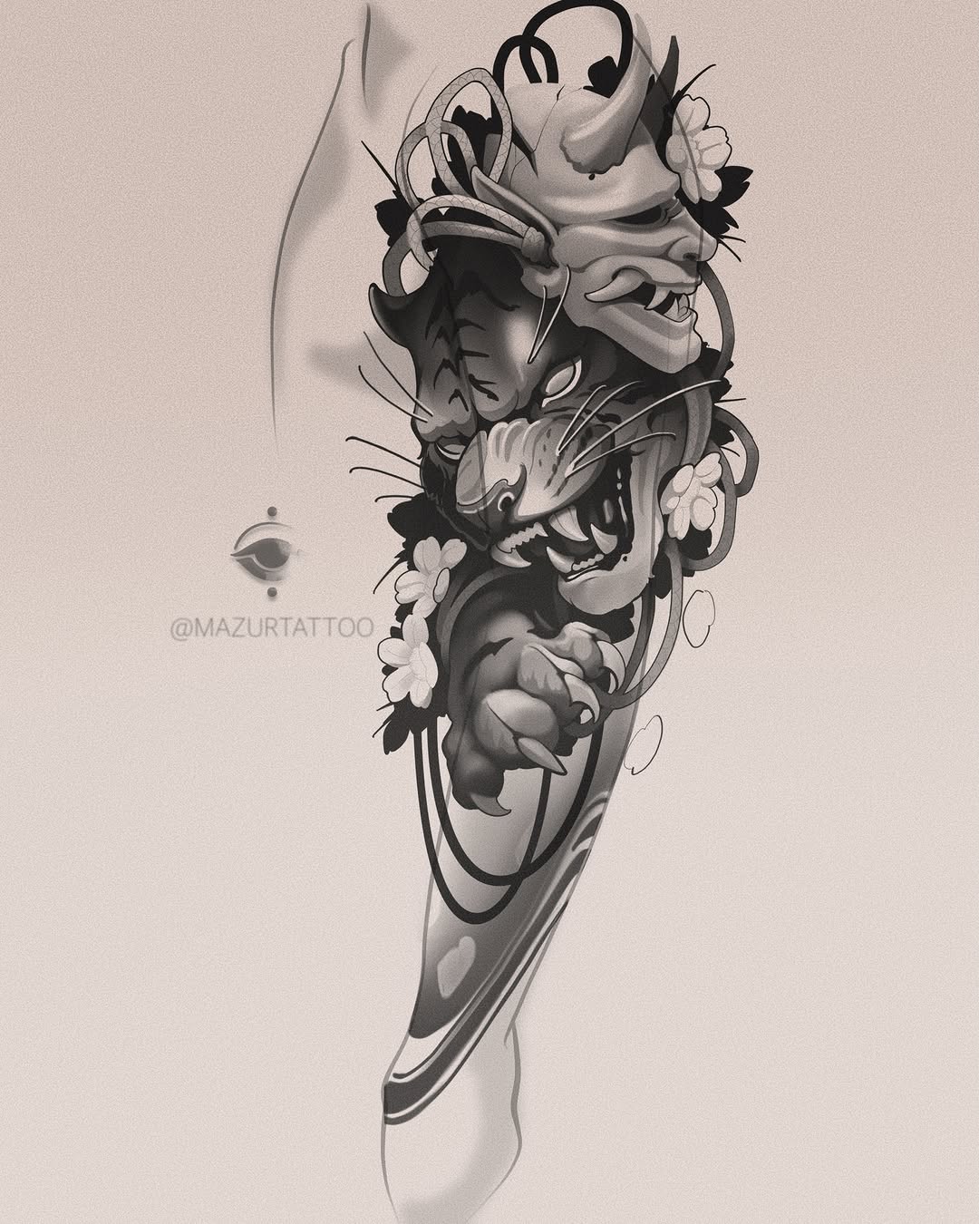 Vertical sleeve tattoo design featuring stacked demon and animal faces with flowing ribbons and floral elements in grayscale shading.