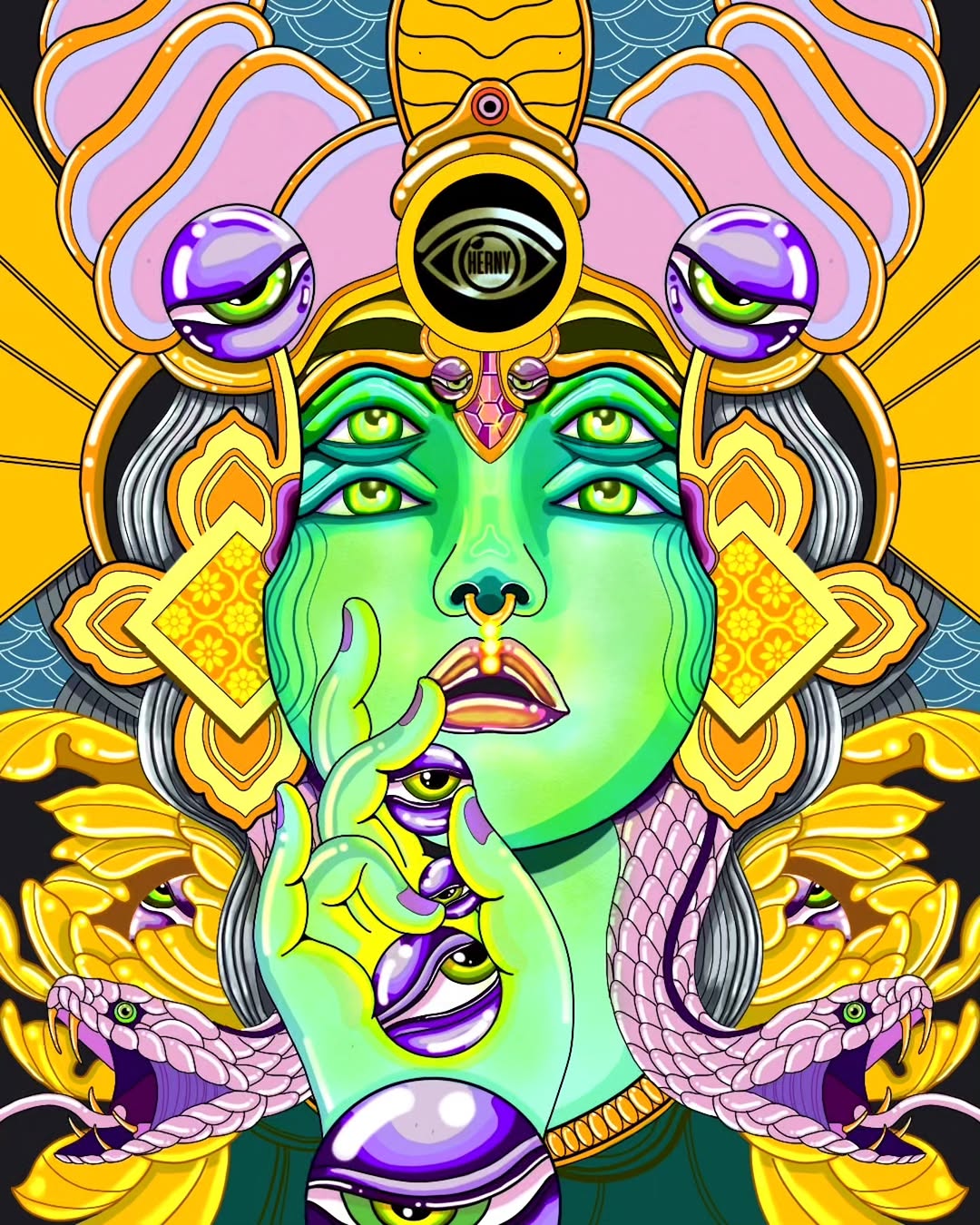 Vibrant multi-eyed deity bust with green face, golden ornaments, purple spheres, pink wings, and yellow radiating background in bold colors.