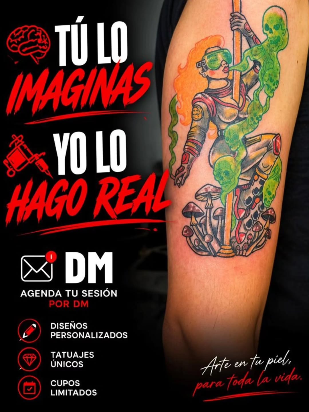 Colorful arm tattoo featuring an astronaut holding a staff with green skulls and mushrooms, surrounded by orange flames and mechanical elements.