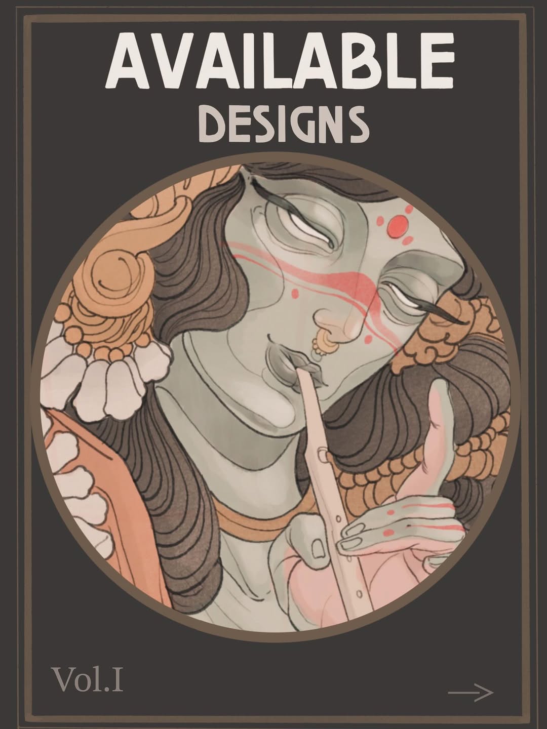 Portfolio cover displaying an oval-framed portrait of a woman with dark hair, ornamental floral elements in peach and white, and red accent details throughout the composition.