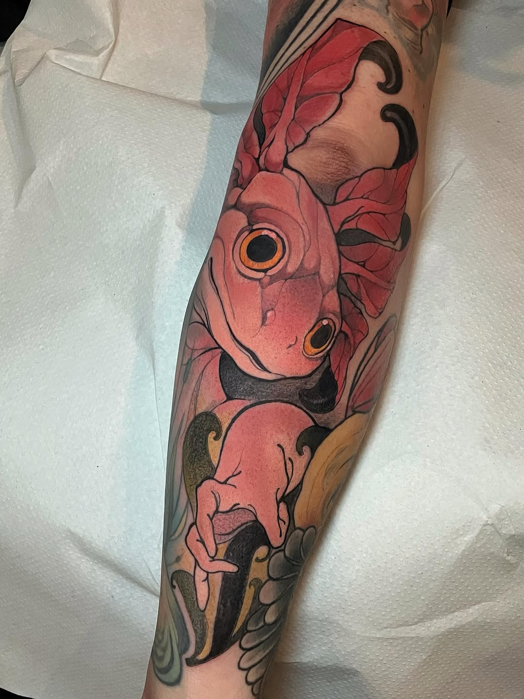 Colorful fish tattoo on forearm featuring red and orange koi with black outlines and gold accents against skin.