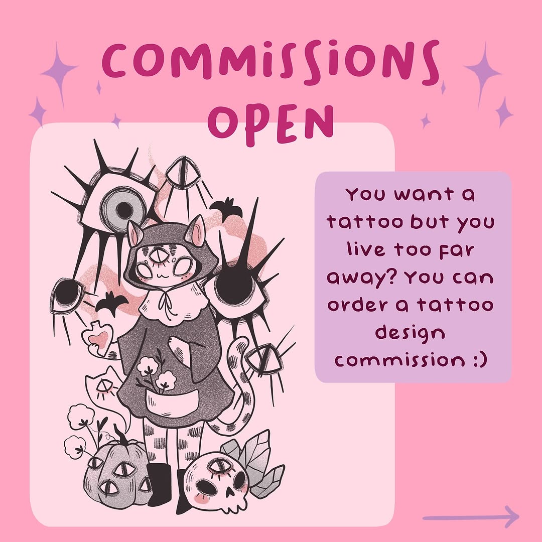 Promotional graphic featuring a quirky cat character surrounded by mystical eyes and flowers in black ink with pink accents on a pink background.