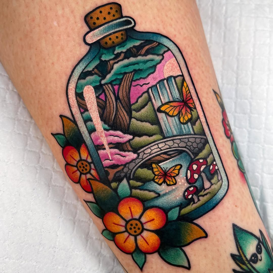 Colorful bottle terrarium tattoo on arm featuring landscape with trees, butterflies, flowers, mushrooms, and cork stopper in teal, pink, orange, and green.
