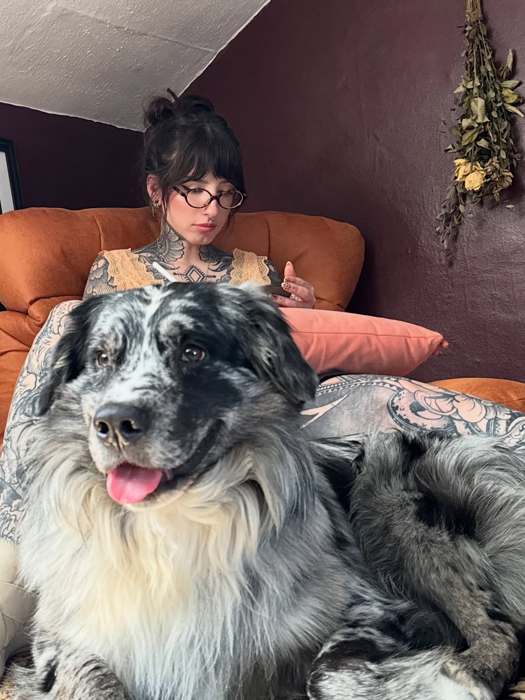 Ornate chest and leg tattoos featuring geometric patterns and decorative motifs in black ink, displayed on a tattooed person sitting on an orange couch with a dog.
