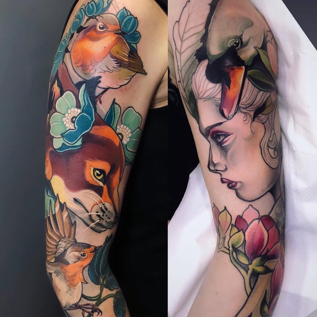 Two full-color sleeve tattoos featuring birds, flowers, and a woman's face with floral elements in orange, teal, green, and pink hues.
