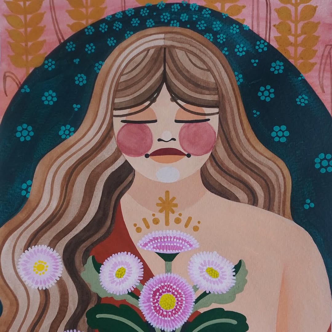Woman with long brown hair holding pink and white flowers with yellow centers, featuring a teal circular halo background and pink patterned wallpaper.