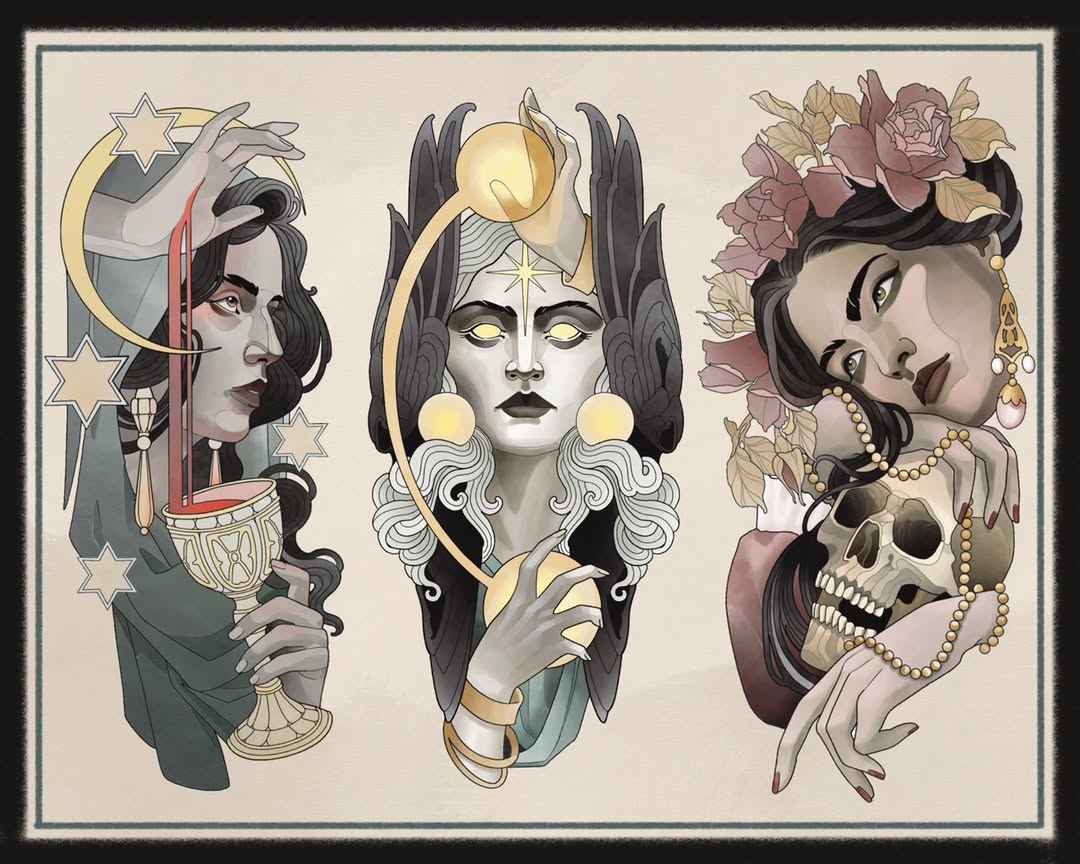 Three portrait tattoo designs featuring women with celestial and floral motifs, rendered in muted earth tones and gold accents on cream background.