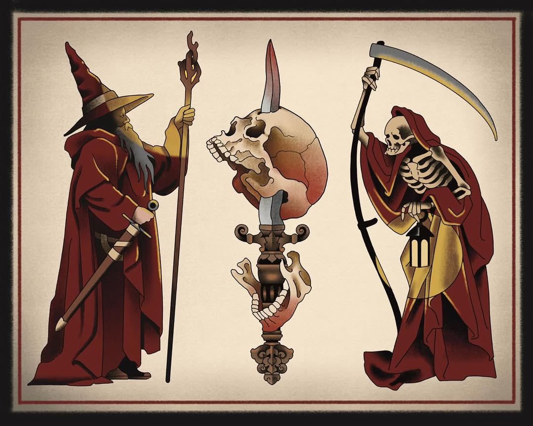 Three robed figures in red and gold with skeletal and mystical imagery holding staffs and a scythe, rendered in warm earth tones.