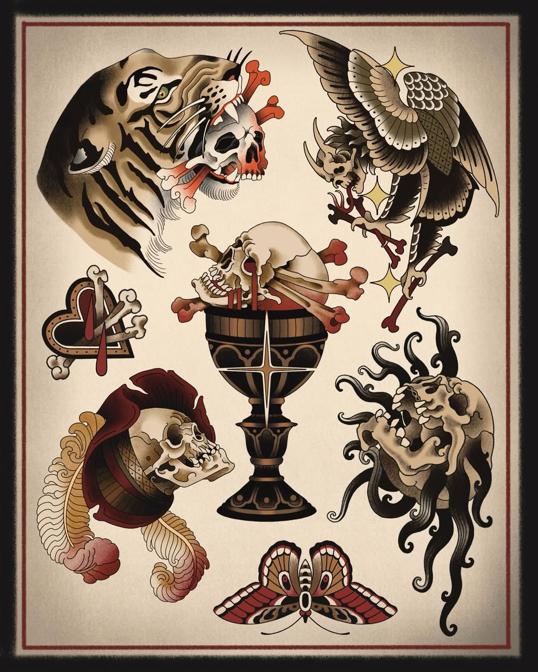 Tattoo flash sheet featuring skulls, a tiger, eagle, demon face, goblet, moth, and ornamental elements in red, black, and tan on cream background.