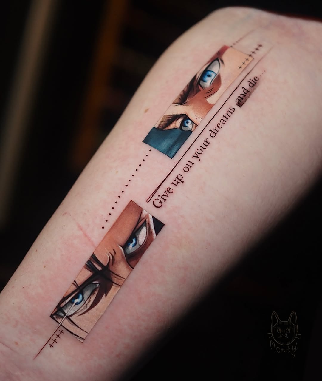 Vertical forearm tattoo featuring three stylized female faces with blue eyes separated by geometric shapes and decorative lines, with text reading "Give up on your dreams and die.