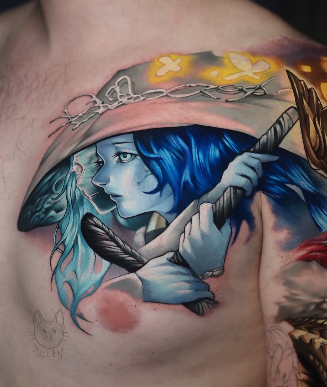 Blue-haired figure in profile wearing an ornate hat with chains, holding a feather, tattooed on chest with gold, grey, and teal coloring.
