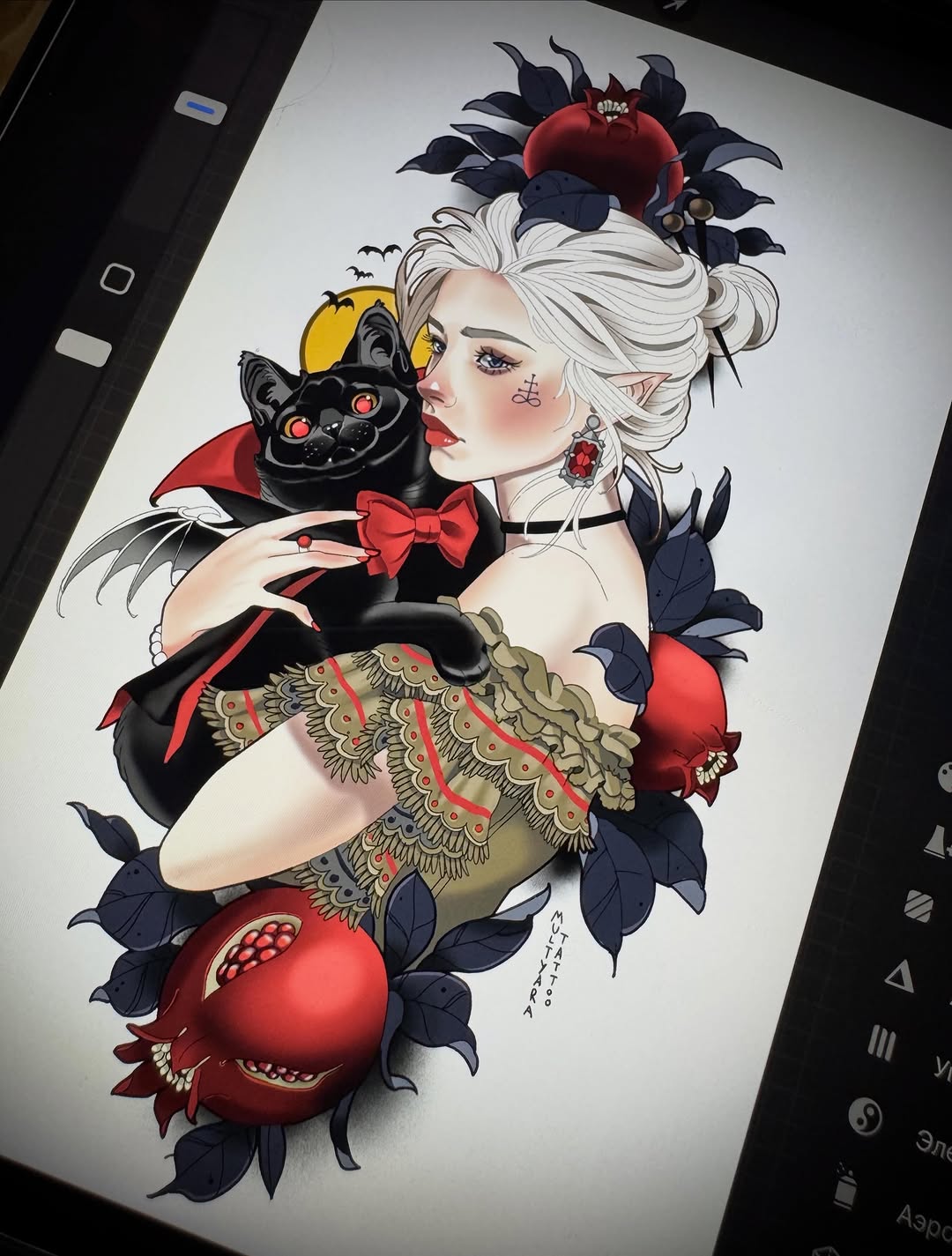 Woman with white hair holding a black cat with red eyes, surrounded by dark blue leaves and red pomegranates, featuring gold ornamental details and red ribbons.