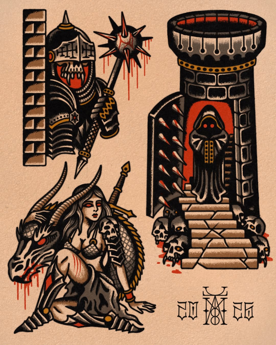 Four dark fantasy designs featuring skeletal warriors, demonic figures, towers, and ornamental symbols in black, red, and gold on tan paper.
