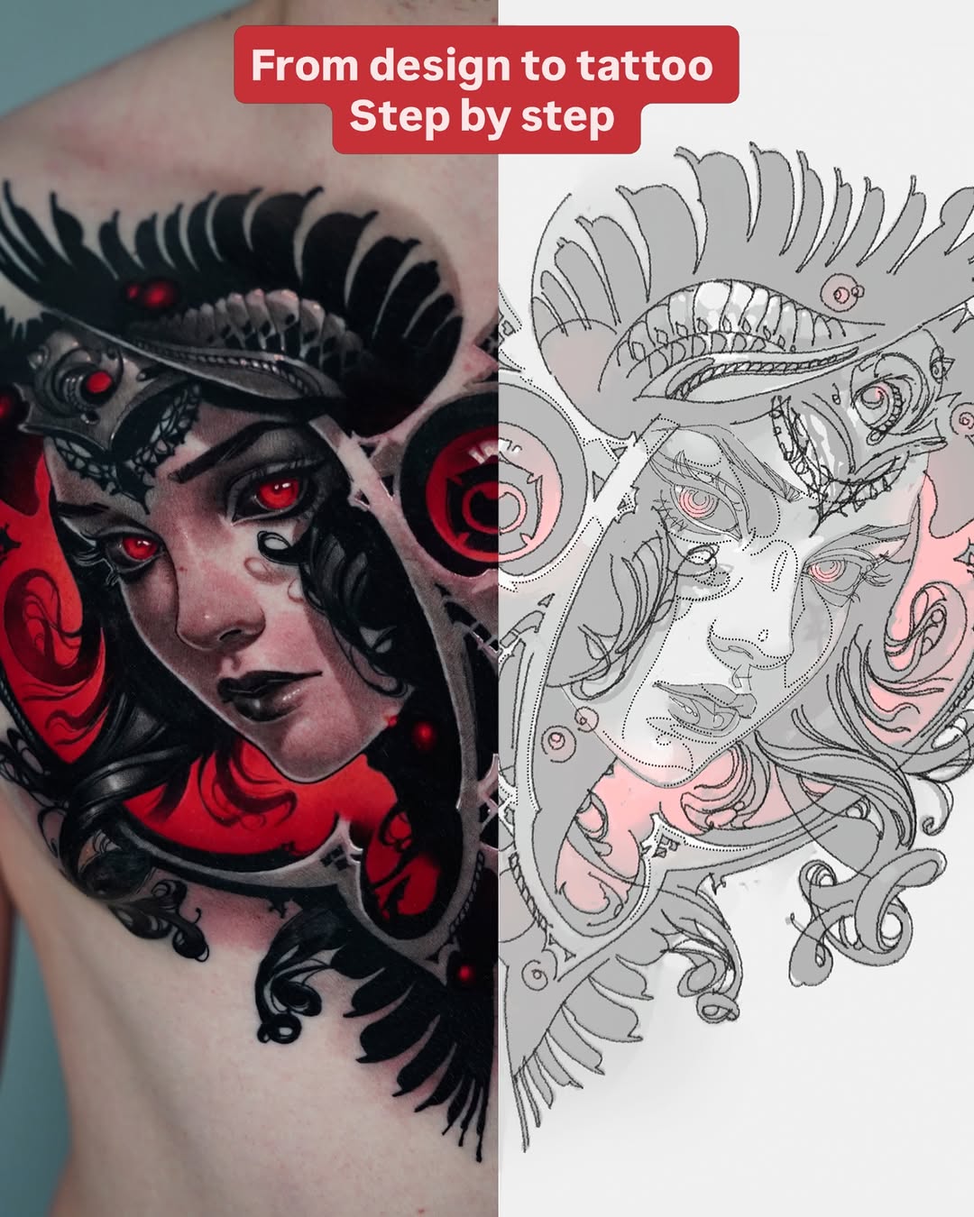 Side chest tattoo of a woman's face with red eyes, black horns, and ornate black details alongside the original design sketch with pink shading.