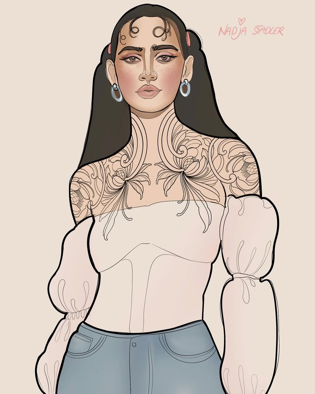 Portrait illustration of a person with long black hair, facial tattoos, and elaborate ornamental shoulder and chest tattoos in black ink on tan skin.