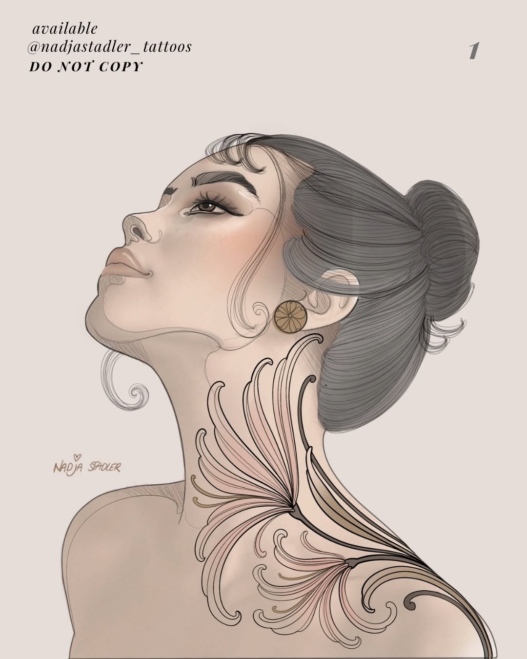Portrait of a woman in profile with decorative line work tattoos on her neck, shoulder, and chest in black and grey ink.