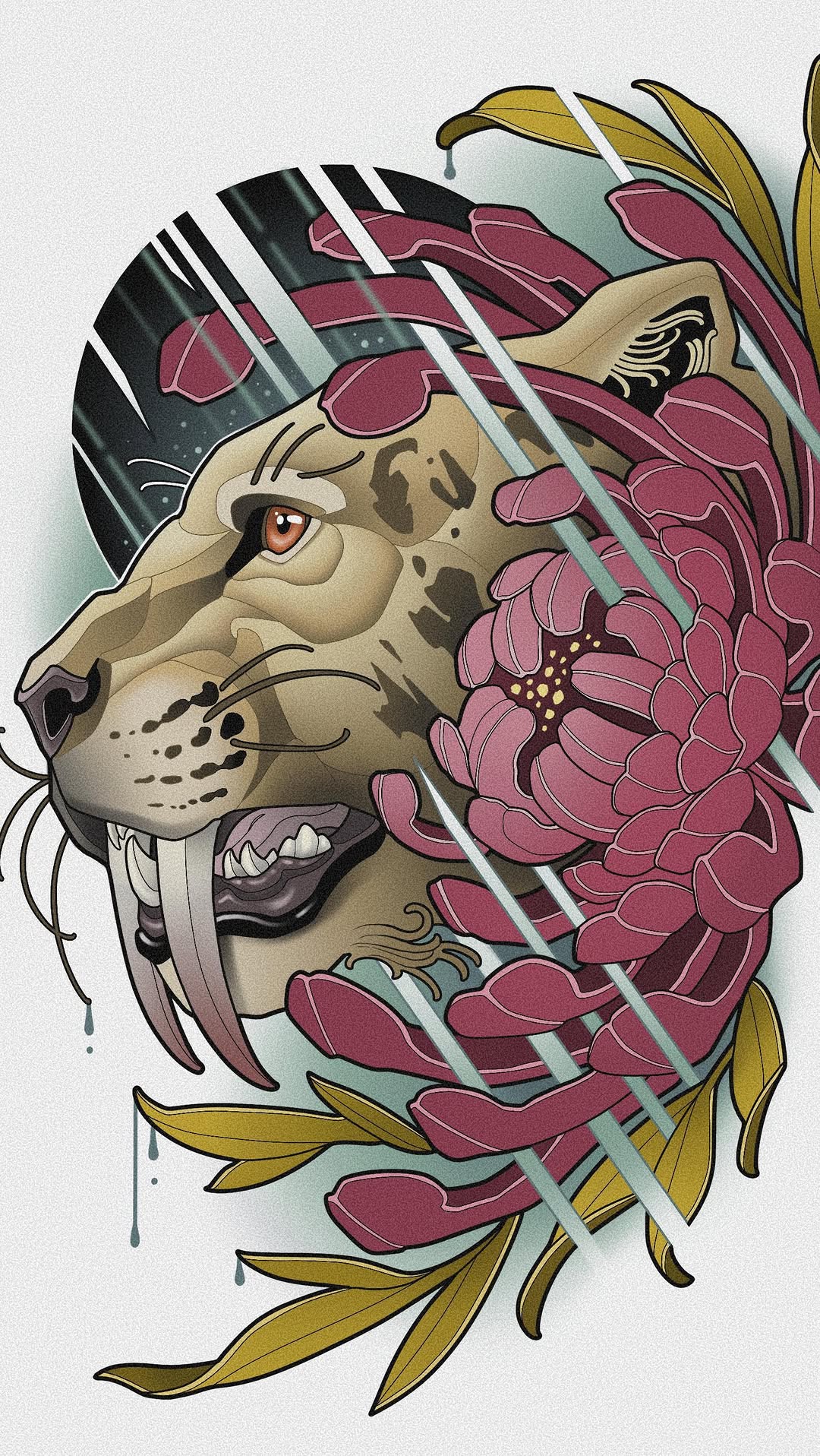 Walrus head with tusks surrounded by burgundy flowers and gold leaves with gray rain streaks, rendered in tan, black, and pink tones.