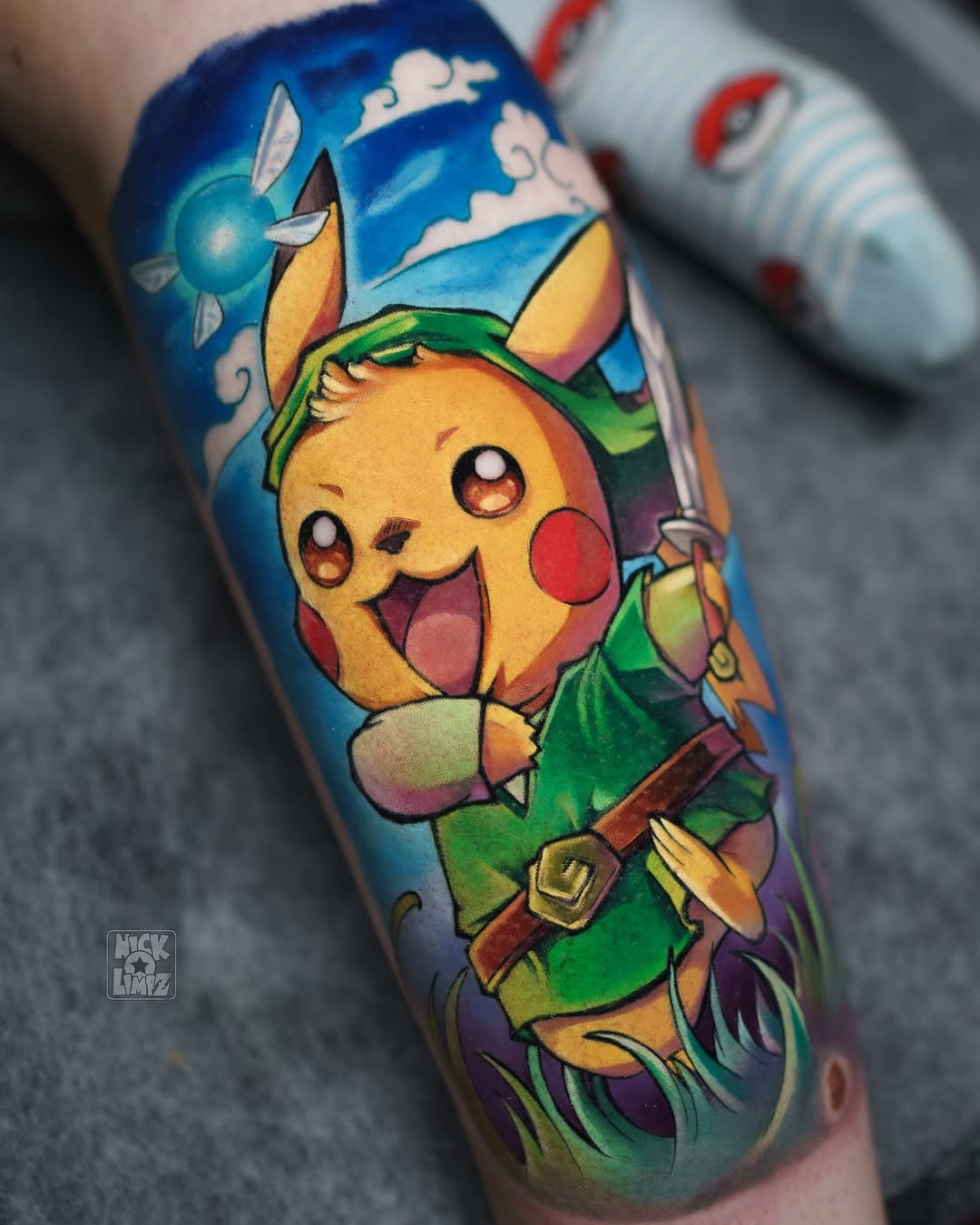 Pikachu wearing green Link outfit with sword and shield on forearm, surrounded by blue sky, clouds, and sun in vibrant yellow, green, and red colors.