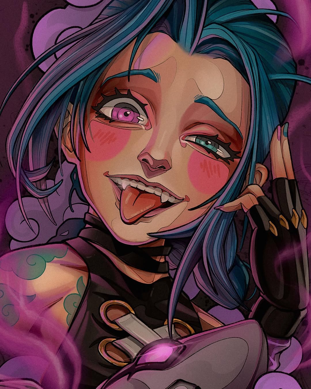 Colorful portrait tattoo featuring a character with teal hair, pink and magenta facial features, and gold accents on the chest and shoulders against a purple background.