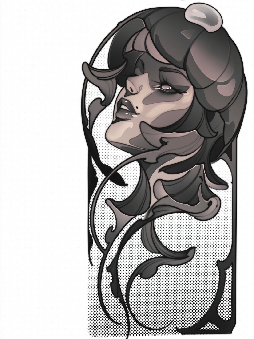 Vertical portrait tattoo design featuring a woman with voluminous hair and facial features rendered in grayscale with white highlights and black linework.