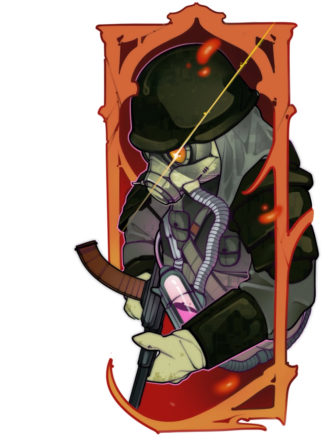 Colorful tattoo design featuring an armored figure in purple and green with a helmet, holding a staff, framed in an ornate orange border with flame accents.