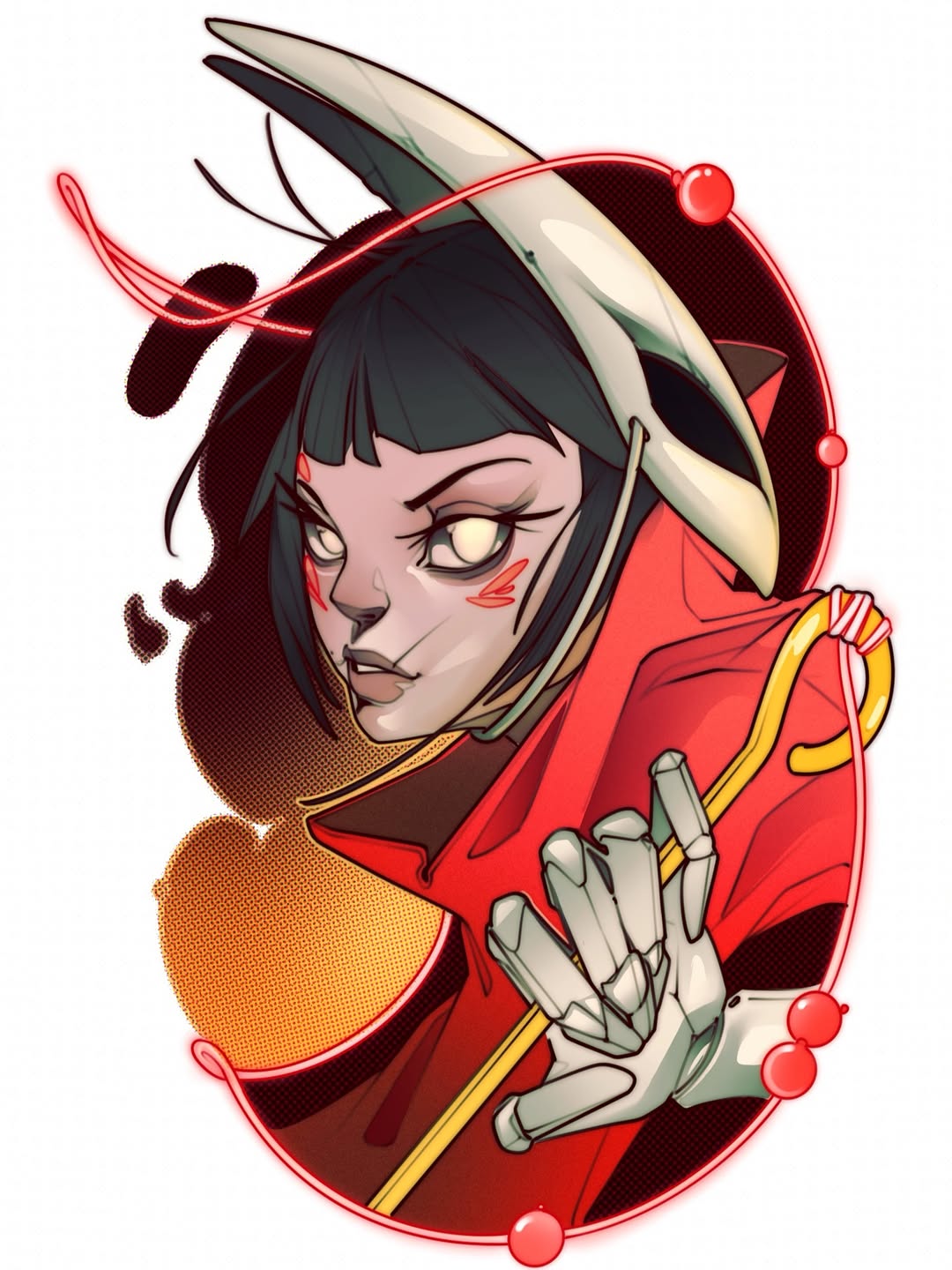 Portrait tattoo design featuring a character with dark hair and closed eyes wearing a red military-style jacket with gold trim and large curved horns, rendered in red, gold, and neutral tones.