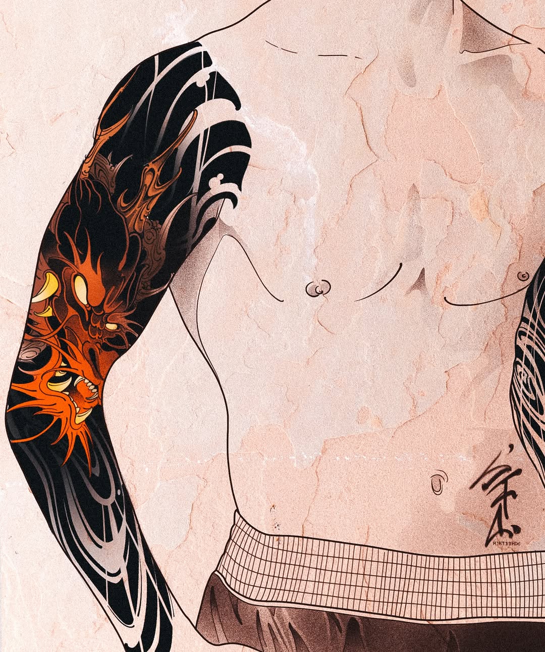 Shirtless man displaying a large left arm tattoo featuring a phoenix with orange and black wings, yellow accents, and ornate feather details.