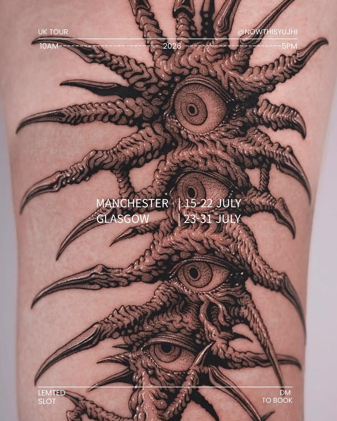 Vertical column of four detailed demon or creature heads with horns and prominent eyes tattooed on skin, rendered in black ink.