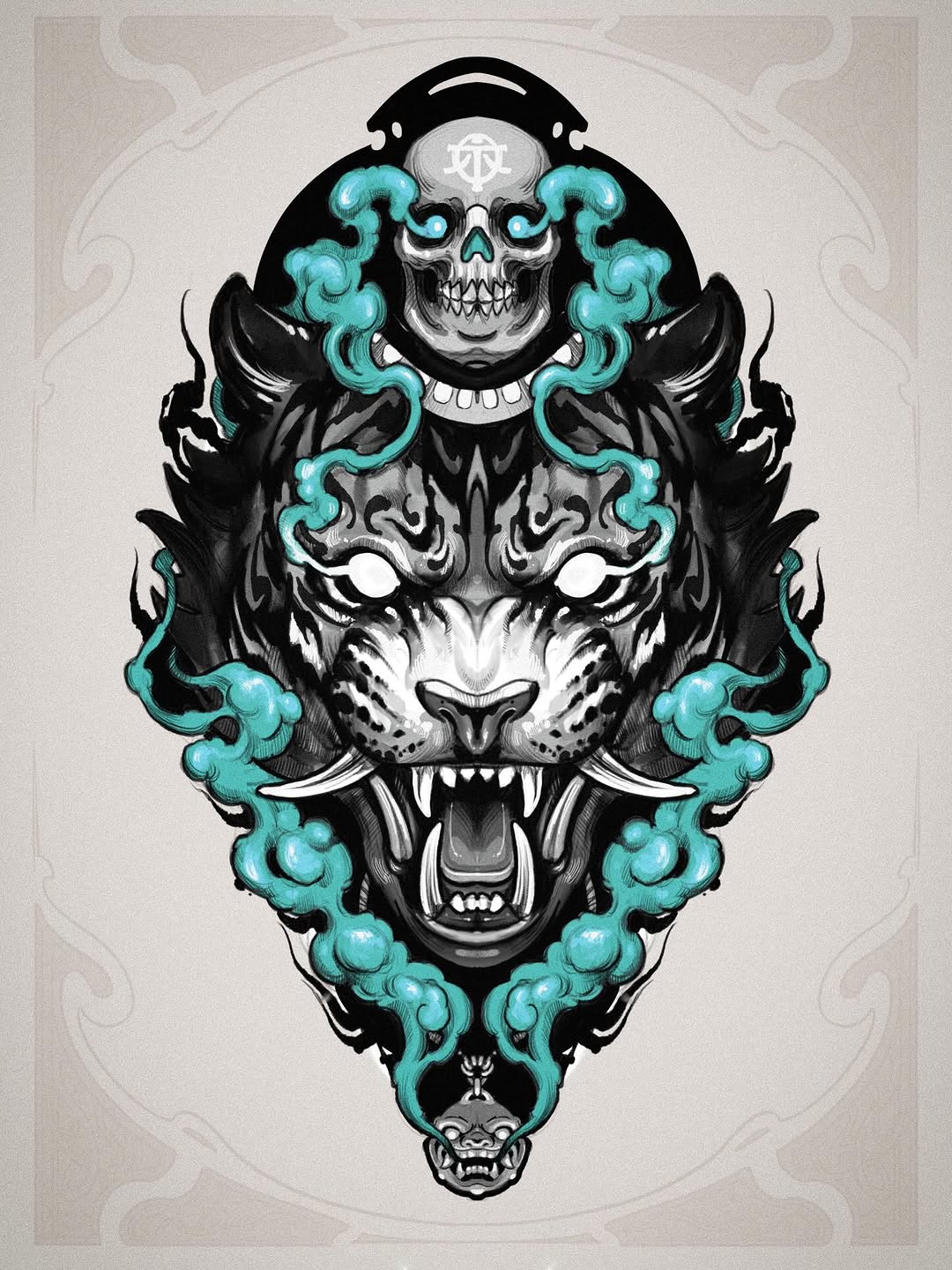 Vertical skull and tiger head design with turquoise ornamental flourishes and black shading on cream background.
