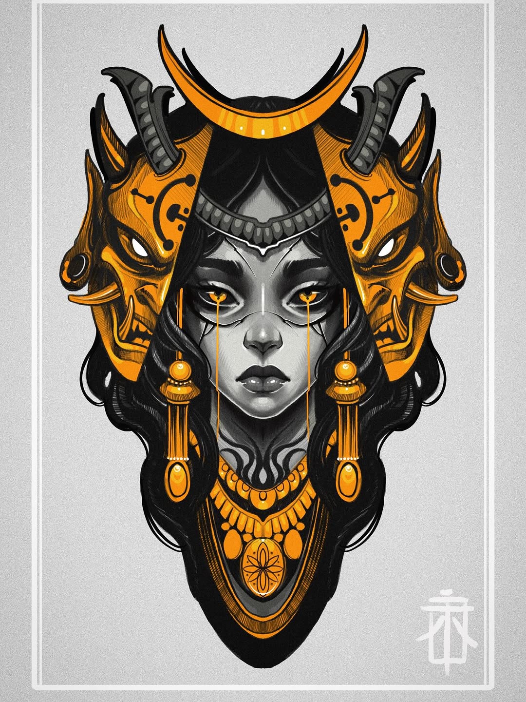 Symmetrical portrait design featuring a woman's face with golden horned mask, ornate jewelry, and black-and-gold decorative elements extending downward.