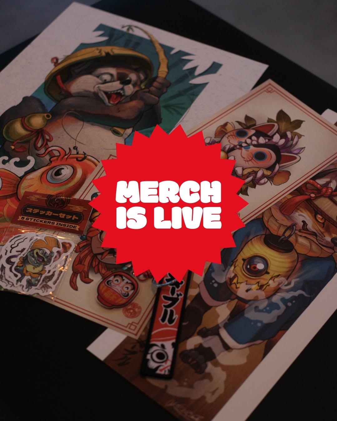 Colorful tattoo design sheets displaying cartoon animals and characters in red, gold, and brown tones with decorative elements and Japanese text.