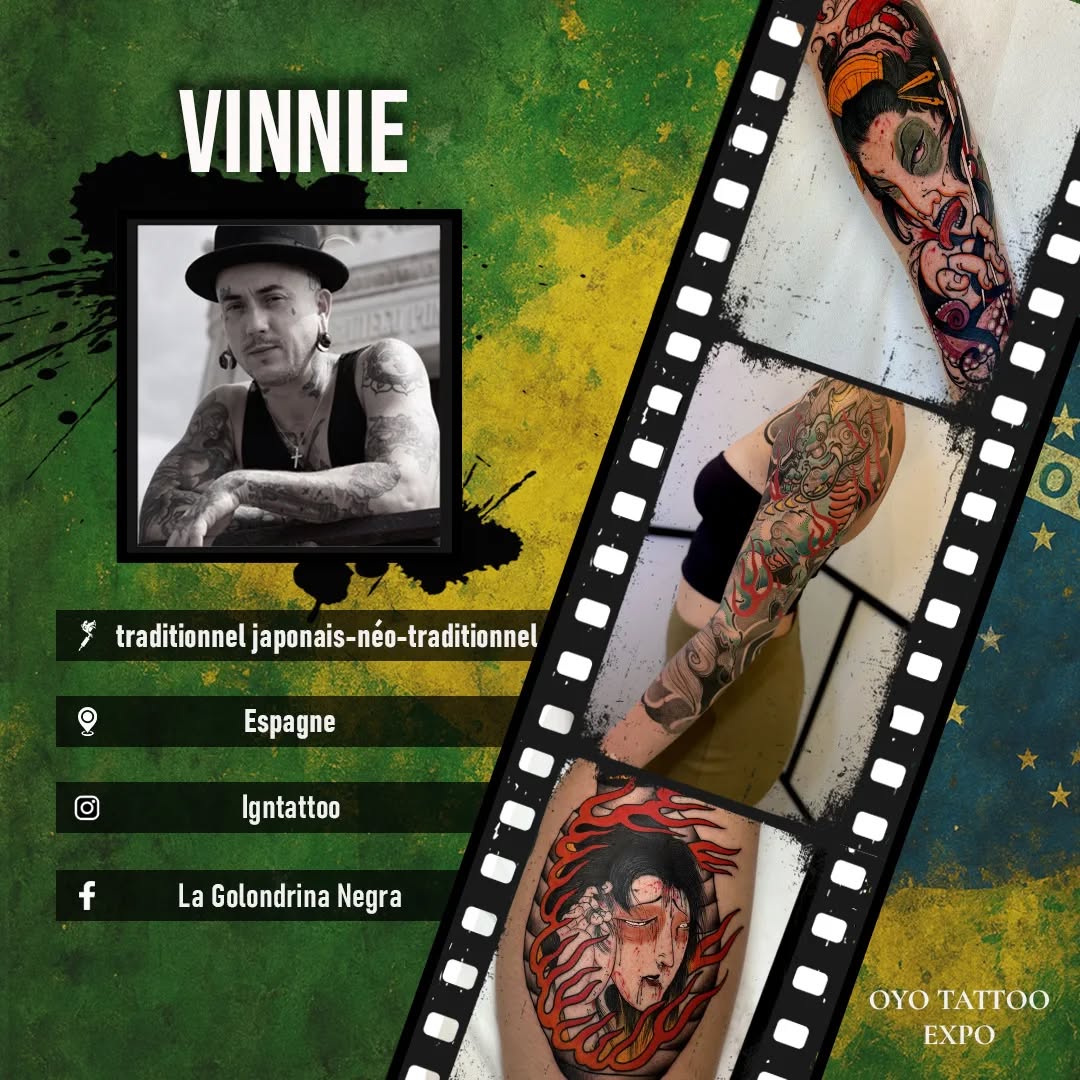 Vinnie's portfolio showing colorful demon and mythological face tattoos on arms and legs in red, orange, and black ink.
