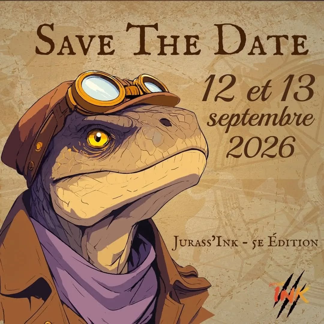 Colorful dinosaur head wearing aviator goggles and brown leather gear with purple scarf on tan textured background.