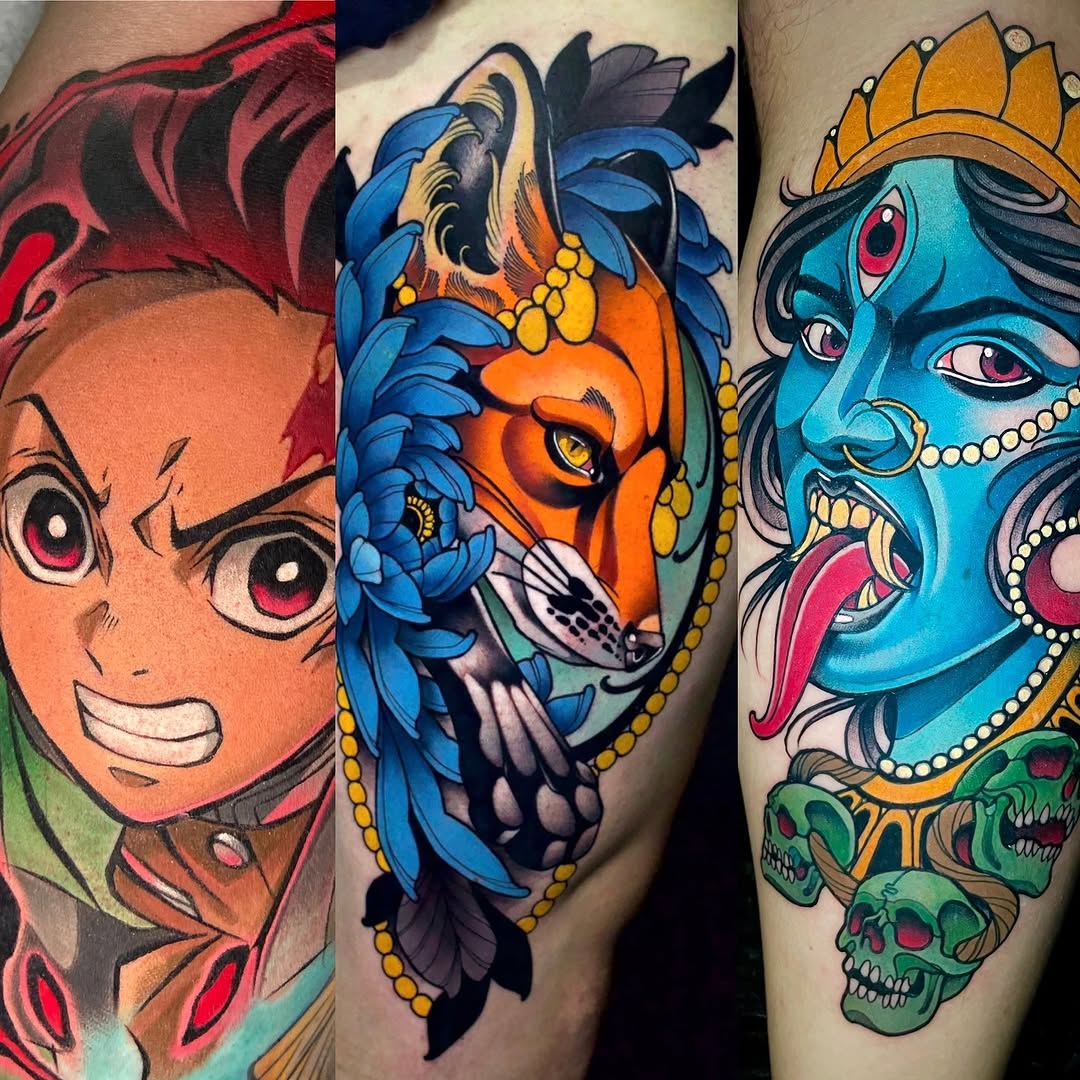 Three colorful facial tattoos displayed on skin showing orange and blue deity-inspired faces with ornamental details, jewels, and decorative elements in vibrant hues.