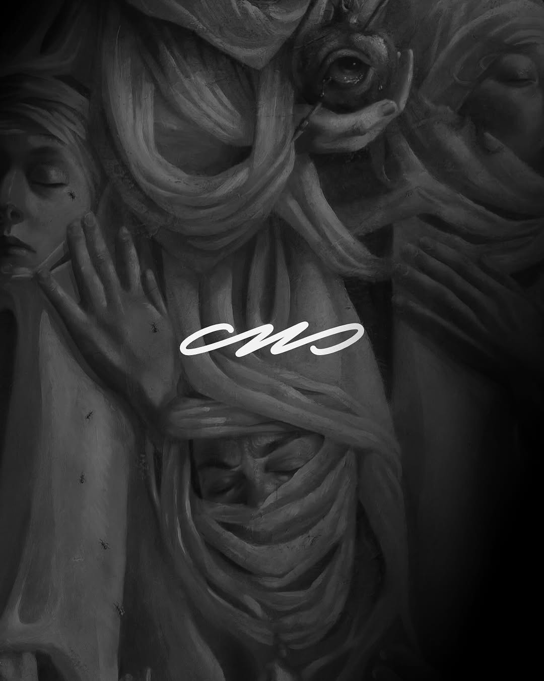 Three draped female figures with flowing fabric rendered in grayscale on skin, displaying detailed shading and dimensional form.