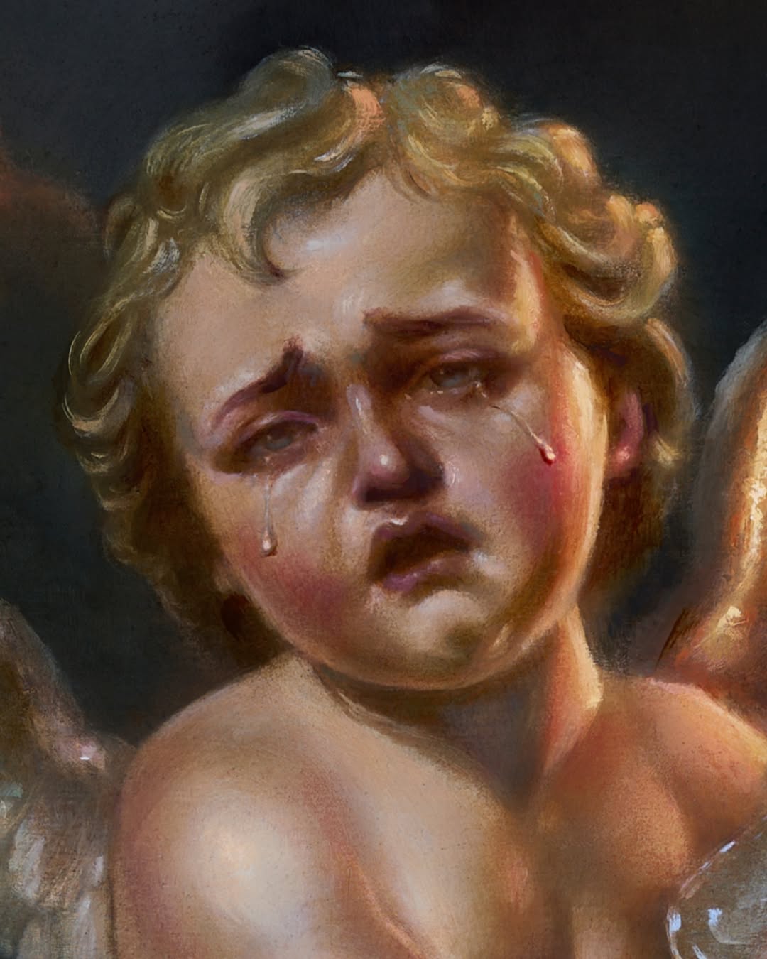Portrait tattoo on chest depicting a man with curly blonde hair and downturned expression, rendered in warm flesh tones and earth colors.