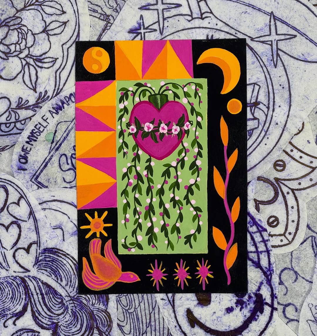 Colorful tattoo design featuring a magenta heart with hanging vines and pink flowers on a lime green background, framed by geometric patterns and decorative elements in orange, pink, and black.