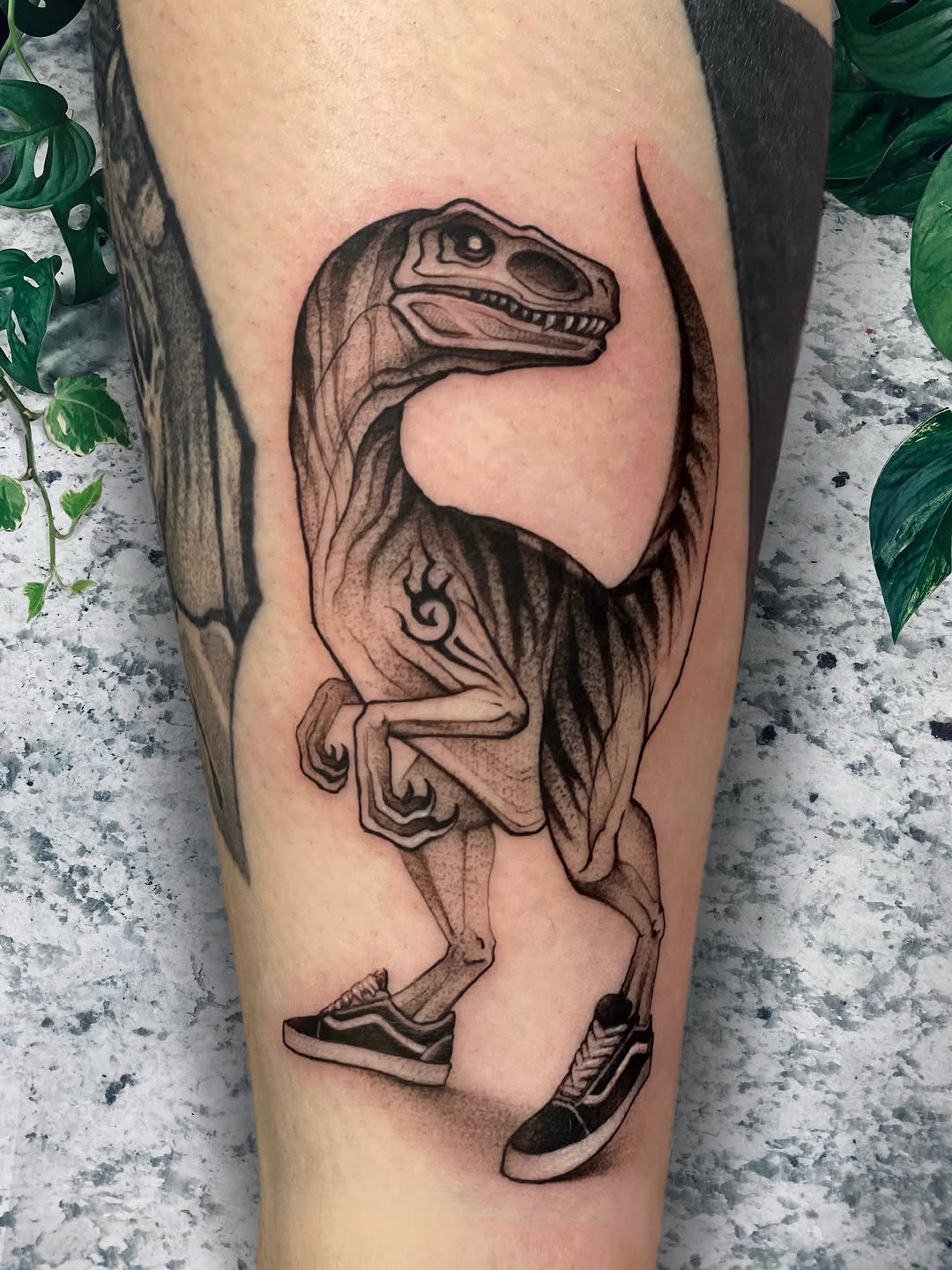 Dinosaur wearing sneakers standing upright with cape, tattooed on leg in black ink with shading and line work detail.