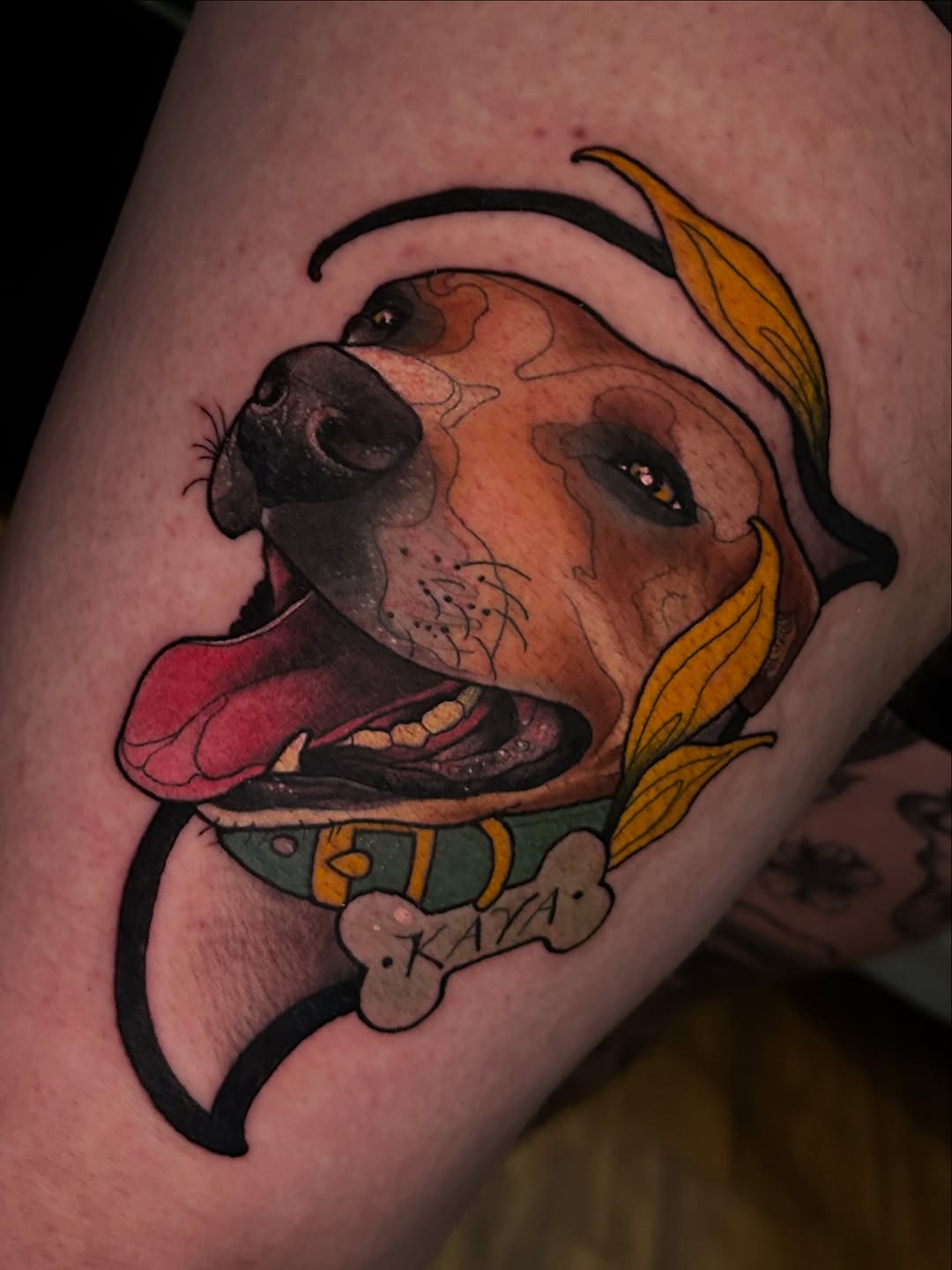 Colorful dog head tattoo with golden fins, red tongue, green collar with bone charm, and black outline on arm.