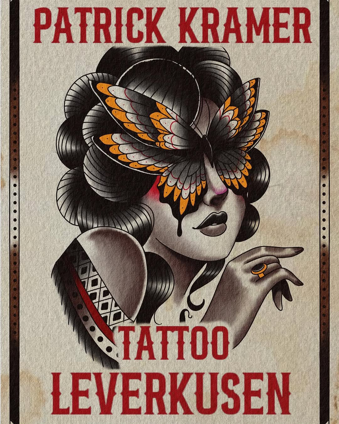 Portrait tattoo of a woman with vintage waves hairstyle, orange and black butterfly wings covering her eyes, and decorative arm tattoos in red and black ink.