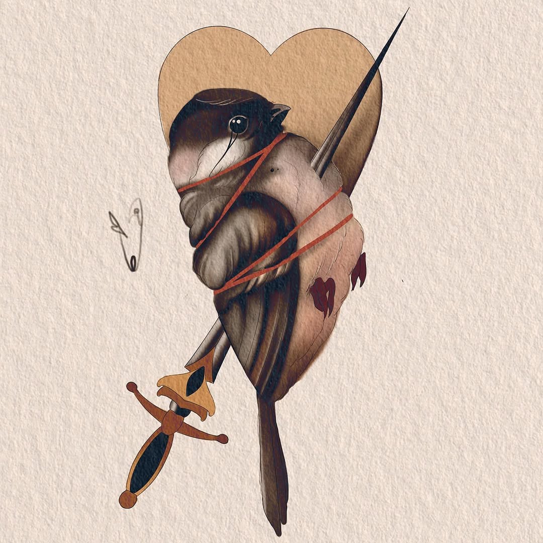 Detailed watercolor illustration of a bird with a heart-shaped halo, pierced by arrows and bound with red ribbon, rendered in brown, tan, and burgundy tones.