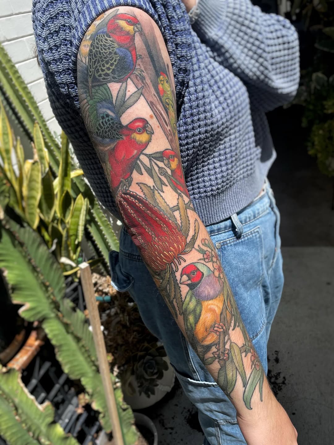 Colorful parrot sleeve tattoo featuring multiple birds in red, yellow, and green on the upper arm and forearm with botanical elements.