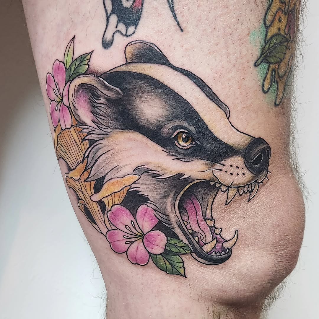 Badger head tattoo with open mouth showing fangs, surrounded by pink and orange flowers, on thigh in black, pink, and gold ink.