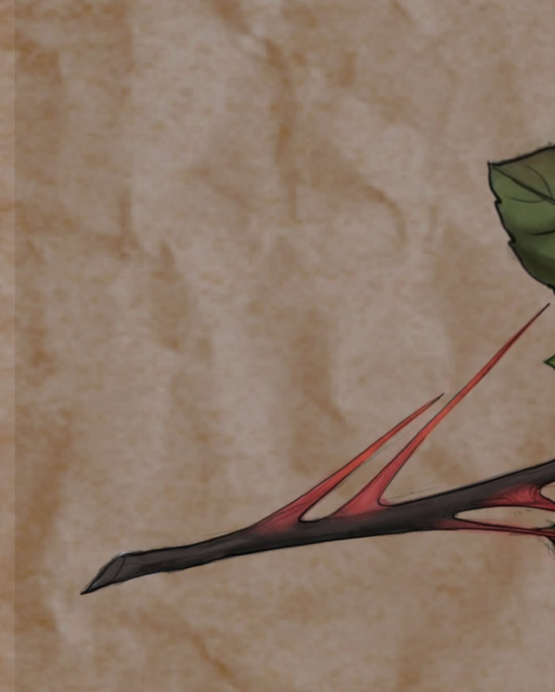 A branch tattoo with green leaves and red accents on the upper arm, featuring a black stem with detailed shading.