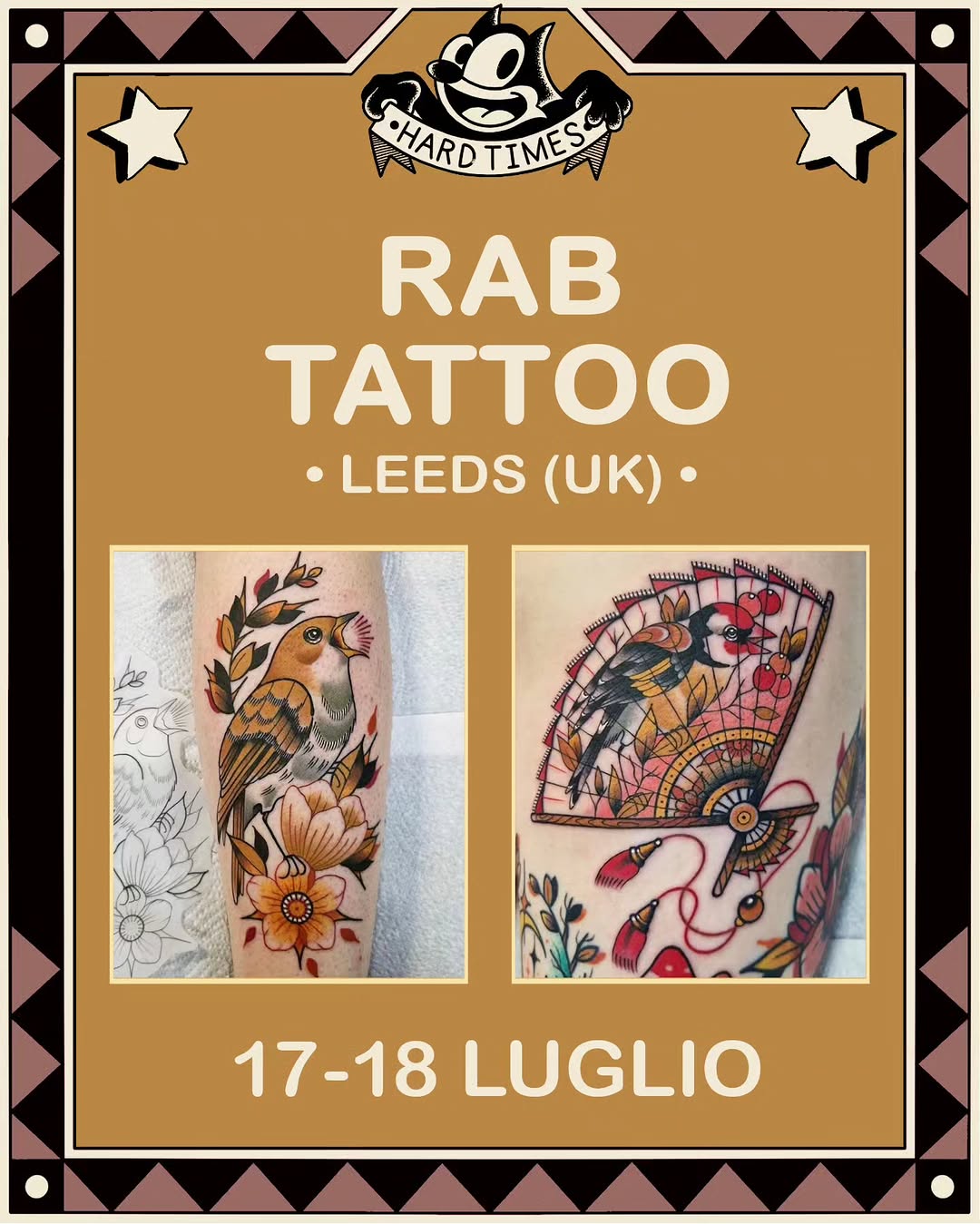 Rab Tattoo portfolio flyer displaying two colorful bird and floral tattoos with warm orange, red, and yellow tones on skin, dated July 17-18.